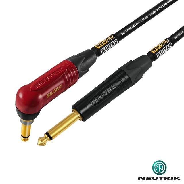 Alt view image 4 of 5 - 30 Foot - WBC-PRO-Guitar 20 AWG - Low-Cap (18pF/ft) Pro-Grade Graphite-Based - Dual-Shielded Guitar Bass Instrument Cable w/Neutrik Straight - Angled (SilentPLUG) Inch (6.35mm) Gold TS Plugs
