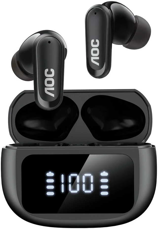 Main image of AOC Noise Cancelling Wireless Earbuds, 39dB ANC, 45H, LED Display, Black
