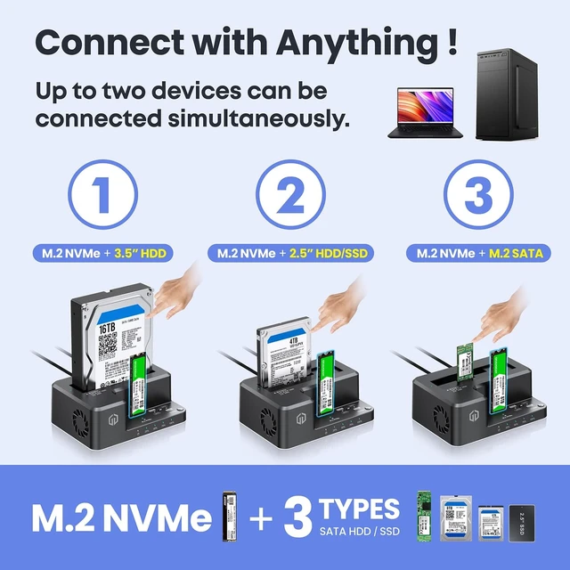 Alt view image 2 of 5 - GRAUGEAR M.2 NVMe & SATA 3.5"/2.5" SSD HDD Hard Drive Docking Station, USB-C 10Gbps NVMe Reader, SATA to NVMe M.2 Cloner, NVMe SSD Enclosure Clone Station, Dual Bay Offline Clone