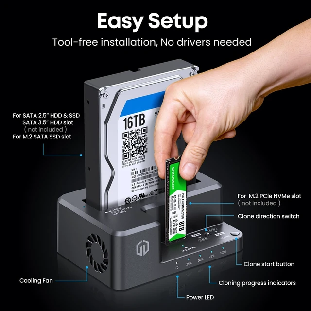 Alt view image 5 of 5 - GRAUGEAR M.2 NVMe & SATA 3.5"/2.5" SSD HDD Hard Drive Docking Station, USB-C 10Gbps NVMe Reader, SATA to NVMe M.2 Cloner, NVMe SSD Enclosure Clone Station, Dual Bay Offline Clone