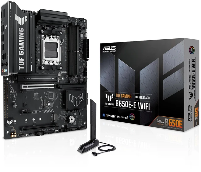 Main image of ASUS TUF GAMING B650E-E WIFI AMD AM5 B650 ATX motherboard, 8+2+1 80A DrMOS stage, DDR5, PCIe 5.0 Ready, 3x M.2, Wi-Fi 6E, 2.5 Gb LAN, DisplayPort, HDMI, USB 20Gbps Type-C, BIOS FlashBack, Aura Sy