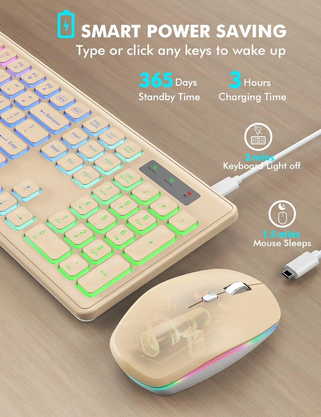 Alt view image 3 of 5 - Wireless Keyboard and Mouse Combo with RGB Backlit, Rechargeable