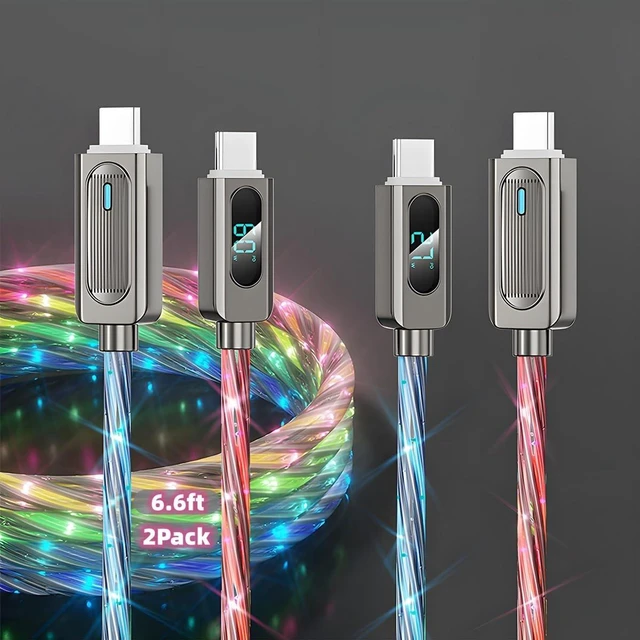 Main image of Light Up USB-C Cable 2Pack 6.6ft LED Charger RGB USBC to USBC Charging Cord
