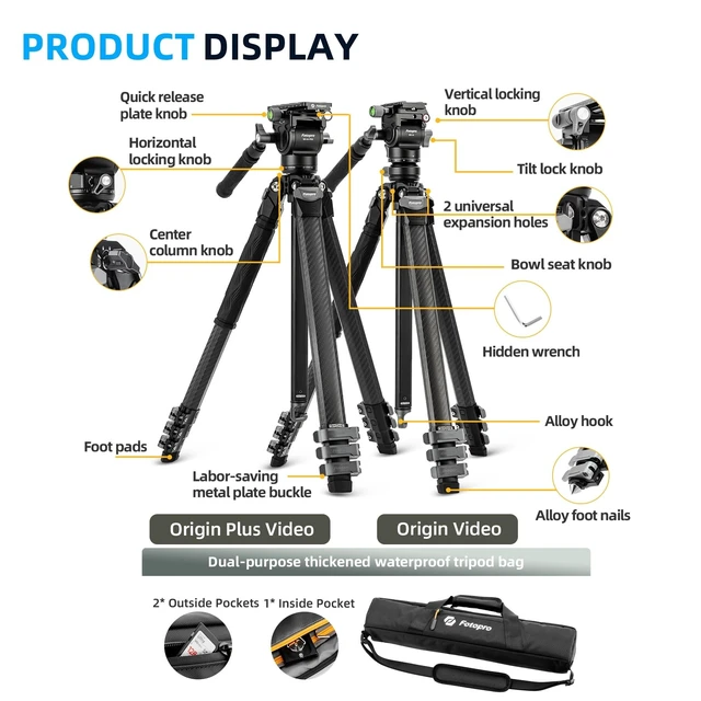 Alt view image 4 of 5 - Fotopro 60" Carbon Fiber Video Tripod, Lightweight Compact for Travel