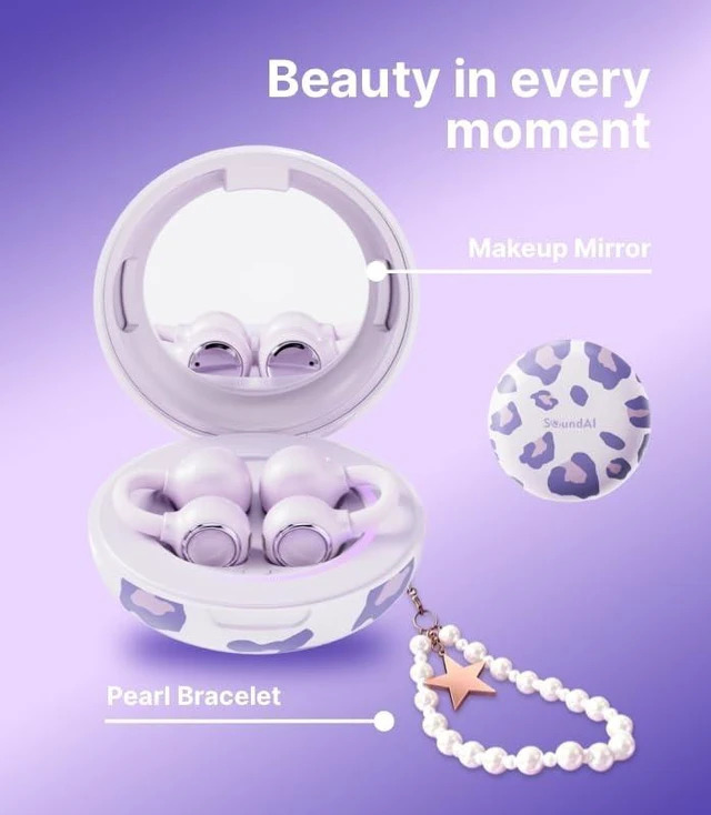Alt view image 5 of 5 - SoundAI FairyClip A2 Open-Ear Earbuds, Clip On AI Translation Headphones, Wireless Adaptive Comfort Bluetooth 5.4 Waterproof 28H Earphone Makeup Mirror for Sports & Workouts Women Gifts, Purple
