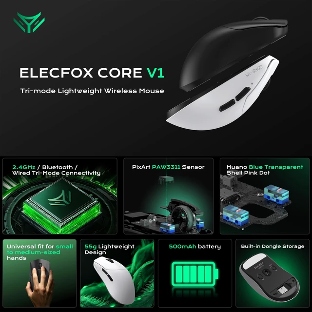 Alt view image 3 of 5 - ELECFOX Core V1 Tri-Mode Wireless Gaming Mouse, with Adjustable Maximum DPI of 24,000, PAW3311 Sensor, 500mAh, 55g, 2.4G/BT/USB-C Rechargeable