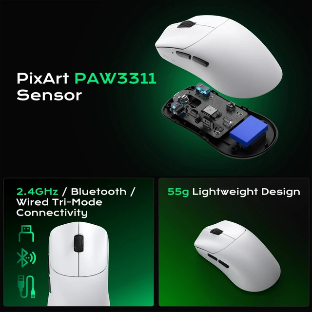 Alt view image 5 of 5 - ELECFOX Core V1 Tri-Mode Wireless Gaming Mouse, with Adjustable Maximum DPI of 24,000, PAW3311 Sensor, 500mAh, 55g, 2.4G/BT/USB-C Rechargeable