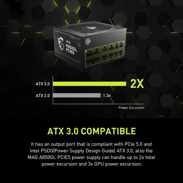 Alt view image 2 of 5 - MSI MAG A850GL PCIE5, Fully Modular Compact Gaming 850W Power Supply, 80+ Gold, ATX 3.1 & PCIe 5.1 Ready, Native Dual-Color 12V-2x6 Cable, 10 Year Warranty