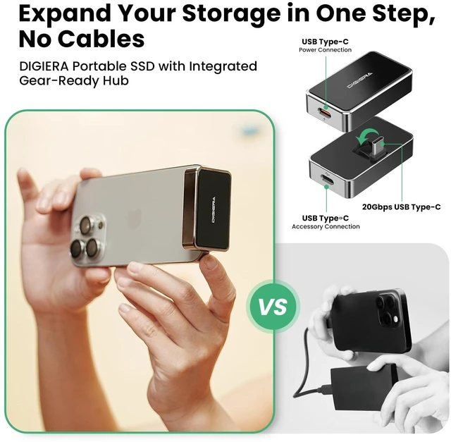 Alt view image 2 of 5 - DIGIERA Portable SSD/Hub, All-in-One 2TB 2000MB/s Portable Solid State Drive Supports Apple 4K 60fps ProRes, USB 3.2 Rugged IP65 Ultra-Compact Portable External Hard Drive Compatible With iPhone 15/16