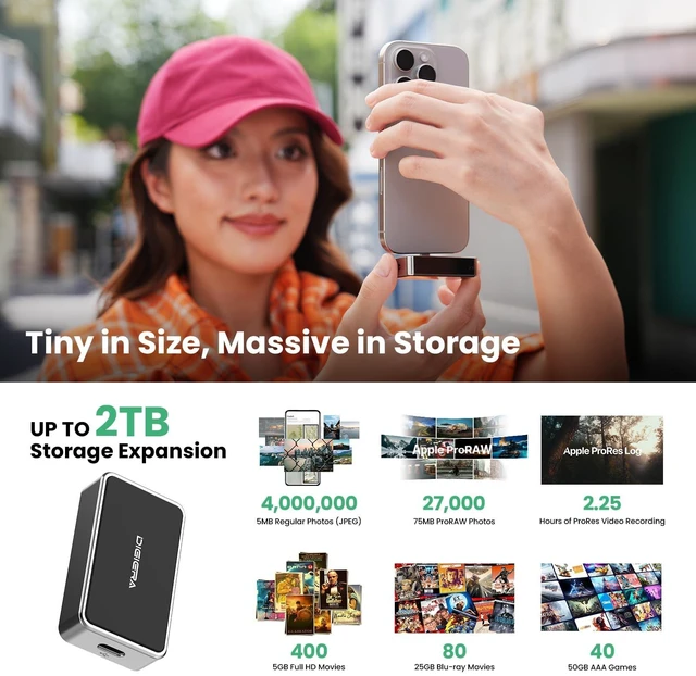 Alt view image 4 of 5 - DIGIERA Portable SSD/Hub, All-in-One 2TB 2000MB/s Portable Solid State Drive Supports Apple 4K 60fps ProRes, USB 3.2 Rugged IP65 Ultra-Compact Portable External Hard Drive Compatible With iPhone 15/16