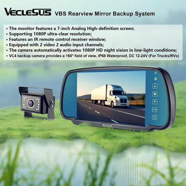 Alt view image 2 of 5 - Backup camere System for Truck, VECLESUS VBS 1080P 7-Inch Mirror Monitor Backup Camera System, HD IR Night Vision, Waterproof Rearview Camera,2 Video 2 Audio Inputs, for Trucks,RVs,Vans,SUVs and Cars