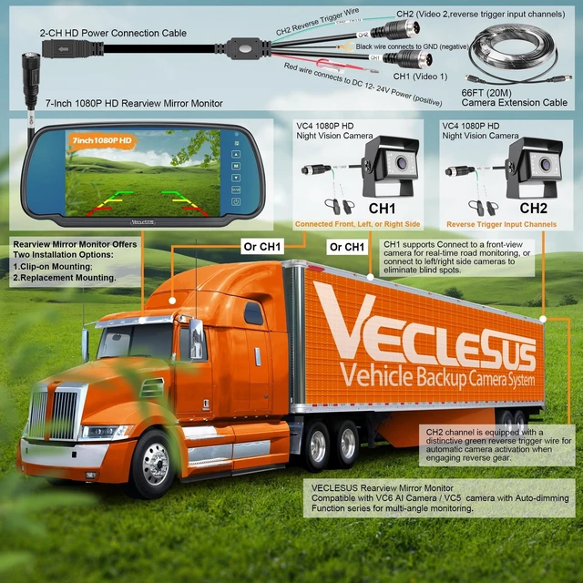 Alt view image 3 of 5 - Backup camere System for Truck, VECLESUS VBS 1080P 7-Inch Mirror Monitor Backup Camera System, HD IR Night Vision, Waterproof Rearview Camera,2 Video 2 Audio Inputs, for Trucks,RVs,Vans,SUVs and Cars