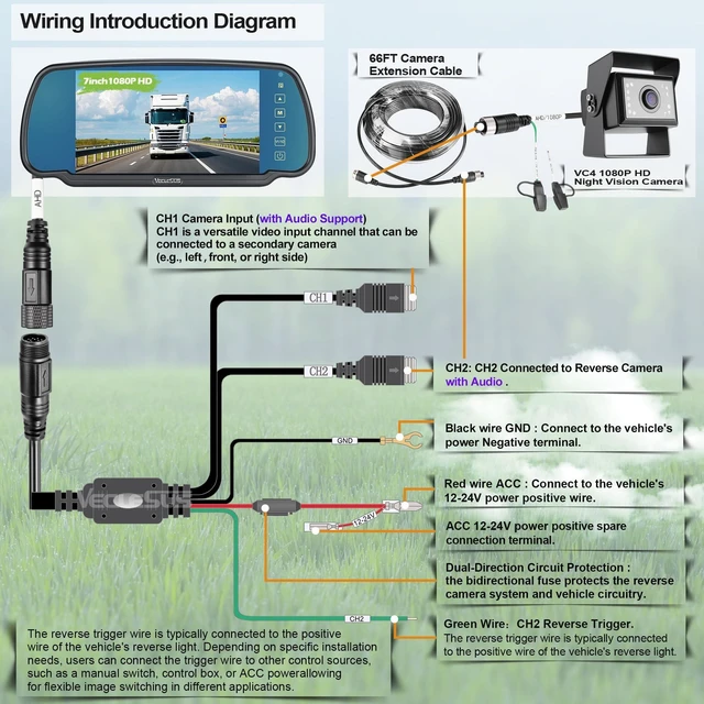 Alt view image 4 of 5 - Backup camere System for Truck, VECLESUS VBS 1080P 7-Inch Mirror Monitor Backup Camera System, HD IR Night Vision, Waterproof Rearview Camera,2 Video 2 Audio Inputs, for Trucks,RVs,Vans,SUVs and Cars