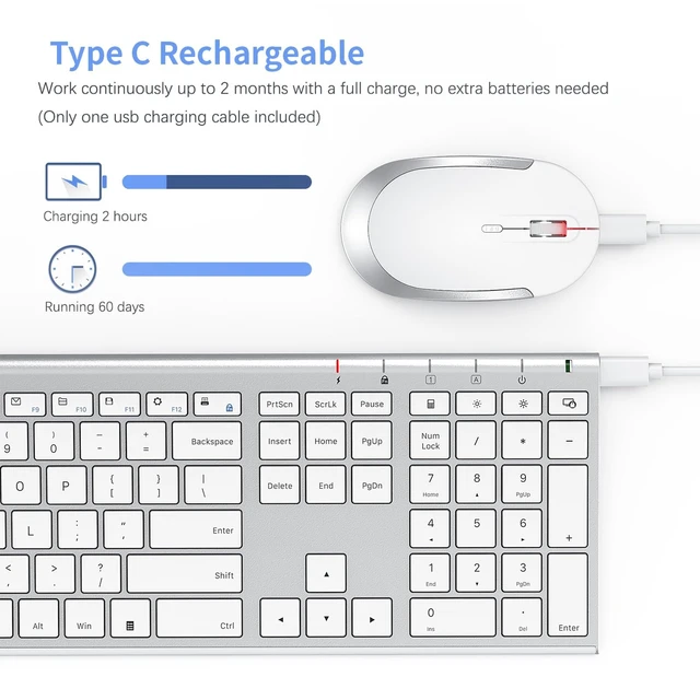 Alt view image 3 of 5 - Vssoplor Wireless Keyboard and Mouse, Rechargeable Ultra Slim, White Silver