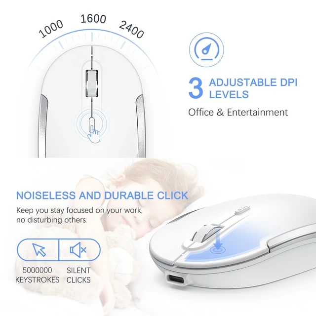 Alt view image 5 of 5 - Vssoplor Wireless Keyboard and Mouse, Rechargeable Ultra Slim, White Silver