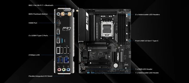 Alt view image 3 of 5 - ASRock X870 Pro-A WiFi ATX Motherboard - AMD AM5 Ryzen 9000/8000/7000, DDR5 8000+(OC), PCIe 5.0, Dual USB4 Type-C, Wi-Fi 7, 2.5GbE