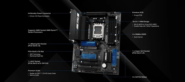 Alt view image 5 of 5 - ASRock X870 Pro-A WiFi ATX Motherboard - AMD AM5 Ryzen 9000/8000/7000, DDR5 8000+(OC), PCIe 5.0, Dual USB4 Type-C, Wi-Fi 7, 2.5GbE