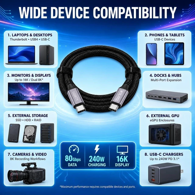 Alt view image 2 of 5 - GGMTY 80Gbps USB4 Cable, 240W PD 3.1, Braided USB C Male to Male, 5FT