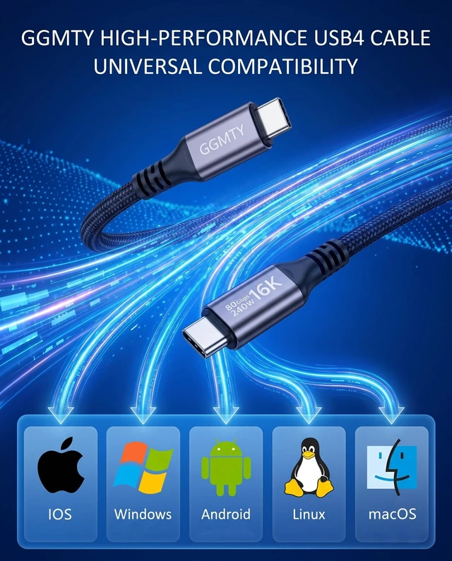 Alt view image 3 of 5 - GGMTY 80Gbps USB4 Cable, 240W PD 3.1, Braided USB C Male to Male, 5FT
