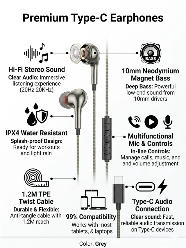 Alt view image 3 of 5 - Chrome 50 Pack USB C Headphones Wired Earbuds for iPhone 17 16 15 Pro Max, USBC Earbuds with Microphone & Volume Control, Type C Headphones for Galaxy S26 S25 S24 Ultra, iPad Pro, Bulk Pack Grey