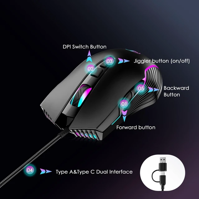 Alt view image 2 of 5 - Wired Gaming Mouse with RGB & Jiggler, Dual USB-C & USB-A Connectivity Up to 7200 D-PI 7 Buttons Ergonomic Optical Type-C Mice with 5.9ft Cable for PC,Laptop,Mac,Chromebook,Computer, Desktop,Surface