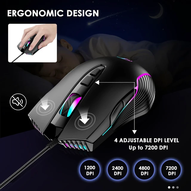 Alt view image 3 of 5 - Wired Gaming Mouse with RGB & Jiggler, Dual USB-C & USB-A Connectivity Up to 7200 D-PI 7 Buttons Ergonomic Optical Type-C Mice with 5.9ft Cable for PC,Laptop,Mac,Chromebook,Computer, Desktop,Surface
