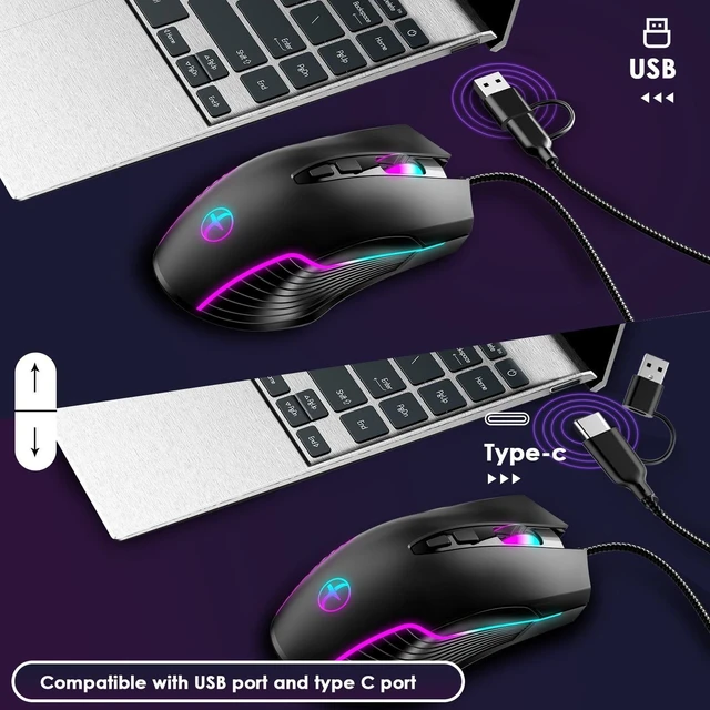 Alt view image 5 of 5 - Wired Gaming Mouse with RGB & Jiggler, Dual USB-C & USB-A Connectivity Up to 7200 D-PI 7 Buttons Ergonomic Optical Type-C Mice with 5.9ft Cable for PC,Laptop,Mac,Chromebook,Computer, Desktop,Surface