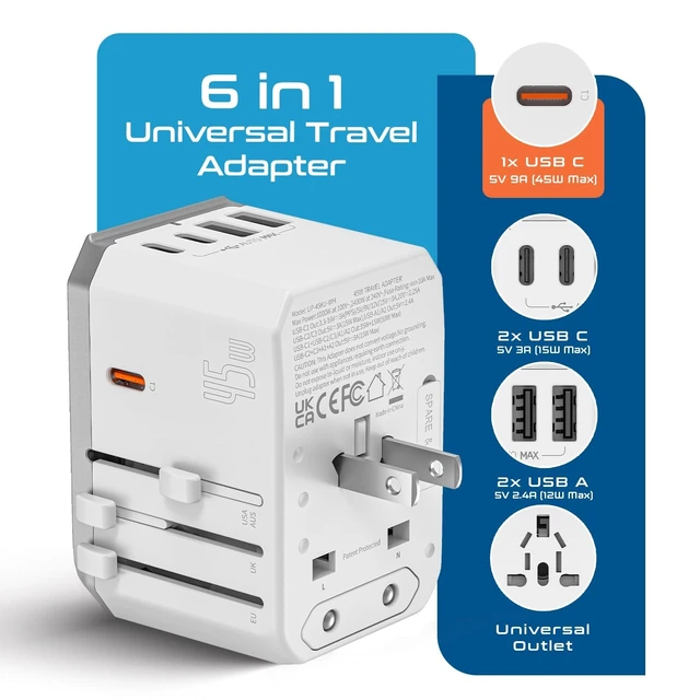 Alt view image 2 of 5 - Ceptics 45W Universal Power Adapter w/ 3 USB-C, 2 USB-A & Universal Input