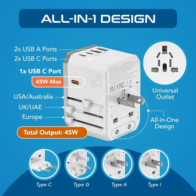 Alt view image 3 of 5 - Ceptics 45W Universal Power Adapter w/ 3 USB-C, 2 USB-A & Universal Input