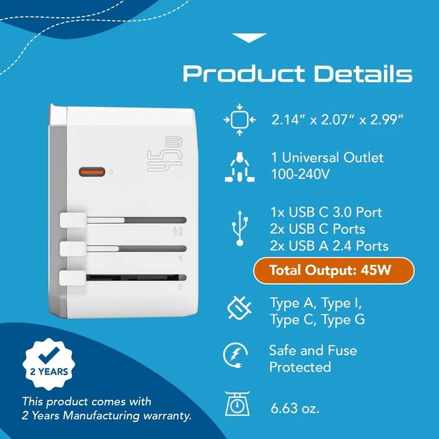 Alt view image 4 of 5 - Ceptics 45W Universal Power Adapter w/ 3 USB-C, 2 USB-A & Universal Input