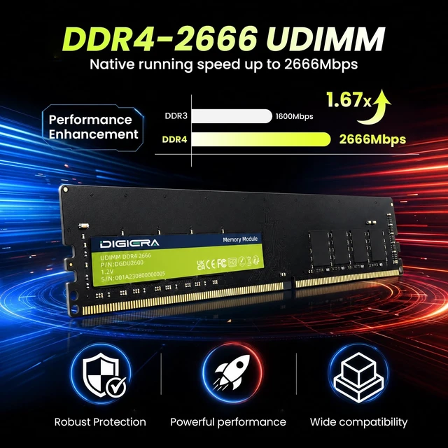 Alt view image 2 of 5 - DIGIERA 16GB DDR4 Memory Module, 2666MHz DU260 UDIMM RAM 288-Pin Computer Memory, 1.2V CL19 Non-ECC Computer Internal Memory for Desktop