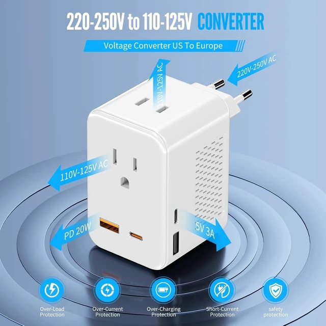 Alt view image 2 of 5 - 220V to 110V Voltage Converter US to Europe, Travel Adapter Plug Converter for European with 20W PD & 2USB-A & 2USB-C, European Power Converter Combo USA to Spain Italy France, White
