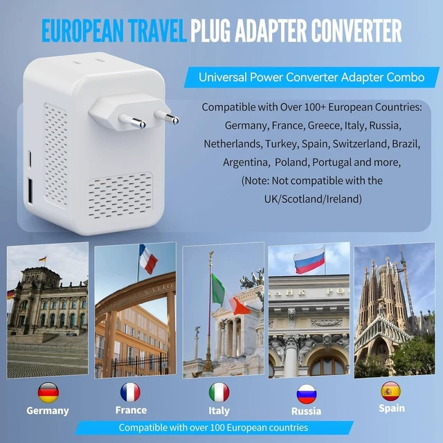 Alt view image 3 of 5 - 220V to 110V Voltage Converter US to Europe, Travel Adapter Plug Converter for European with 20W PD & 2USB-A & 2USB-C, European Power Converter Combo USA to Spain Italy France, White