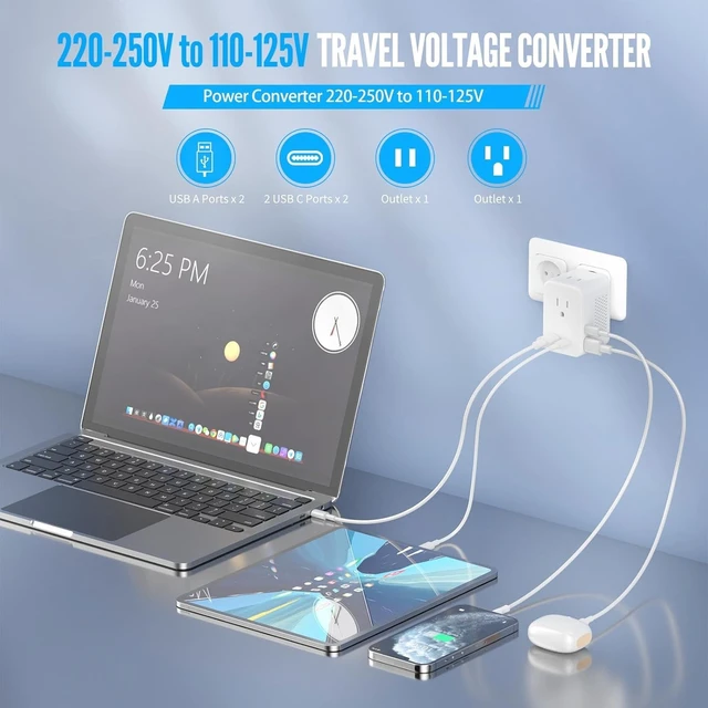 Alt view image 4 of 5 - 220V to 110V Voltage Converter US to Europe, Travel Adapter Plug Converter for European with 20W PD & 2USB-A & 2USB-C, European Power Converter Combo USA to Spain Italy France, White