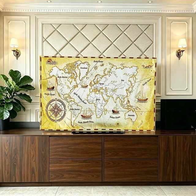 Main image of Jonscart Retro World Map Print Indoor TV Dust Proof Cover Soft Suede Fabric Slipcover Protection Screen Display From Scratches, Dirts, Fingerprint, Sunlight, 60in