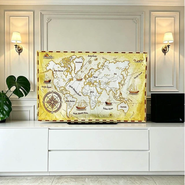 Alt view image 3 of 5 - Jonscart Retro World Map Print Indoor TV Dust Proof Cover Soft Suede Fabric Slipcover Protection Screen Display From Scratches, Dirts, Fingerprint, Sunlight, 60in