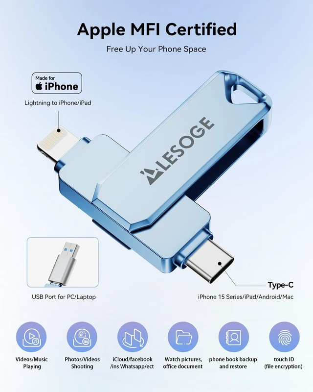 Alt view image 2 of 5 - MFi Certified 256GB Flash Drive for iPhone Photo Stick Thumb Drive, USB Memory Stick iPhone Flash Drive for Photos, High Speed Jump Drive External Storage for iPhone/iPad/Android/PC (Sky Blue)