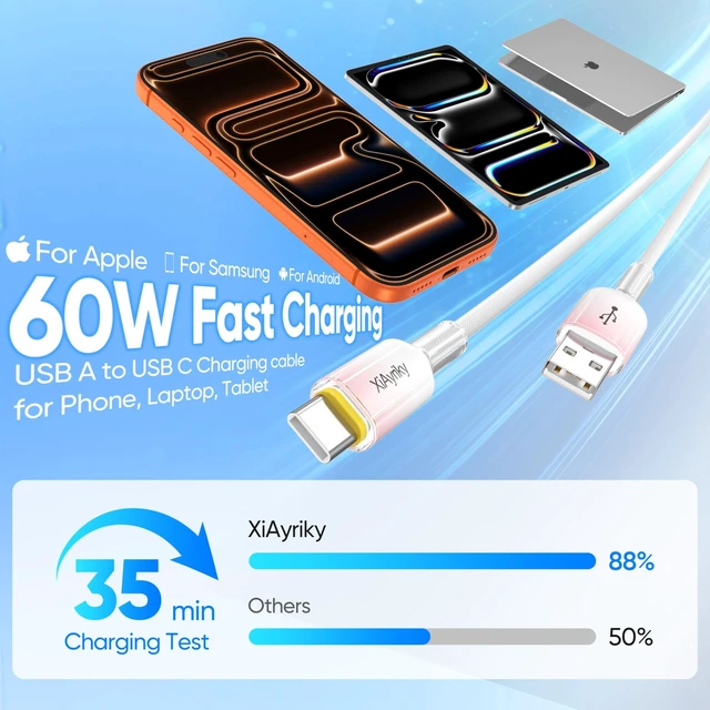 Alt view image 2 of 5 - 15FT USB A to USB C Cable 5-Pack, 60W Fast Charging, Ice Crystal Shell