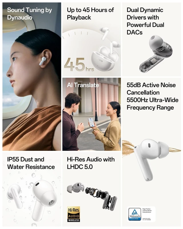Alt view image 2 of 5 - OPPO Enco X3s True Wireless Earbuds, Bluetooth 5.4 Dynaudio Sound Earphones, 55dB Hybrid ANC, LHDC 5.0 Hi-Res Audio,45H Playtime, IP55 Waterproof, Dual Dynamic Drivers, AI Translate, Nebula Sil