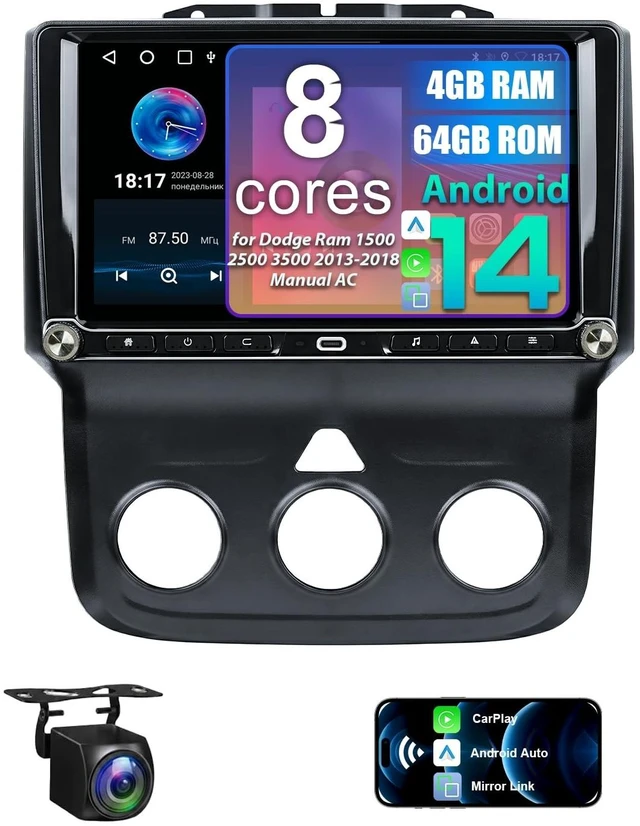 Main image of Car Radio for Dodge Ram 1500 2500 3500 2013-2018 Manual AC, 8 Core 4+64G
