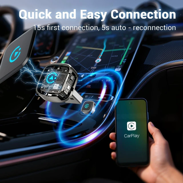 Alt view image 4 of 5 - Gallasys Wireless CarPlay Adapter for iPhone & Android Auto Adapter, Convert Wired to Wireless CarPlay Dongle,Dual-Band 5.8G WiFi+Bluetooth 5.4, Plug&Play, Compatible iOS10+ & Android11+