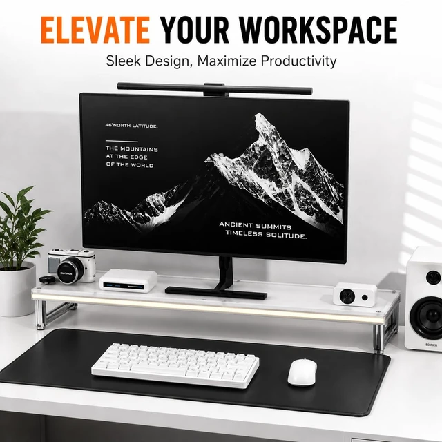 Alt view image 2 of 5 - LED Lighted Monitor Stand Riser, Aluminum Alloy Frame with Frosted Acrylic Top, Under-Desk Storage Organizer for Small Parts, Minimalist Desktop Stand for Home & Gaming Setup (15.8 in / 400 mm)