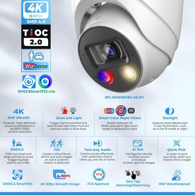 Alt view image 2 of 5 - UltraHD 8MP Outdoor IP POE Camera, DMSS APP, 4K @30fps, TiOC Active Deterrent, 98ft Dual IR Color Vision F1.0, Indoor Network Camera, SMD4.0, 2-Way Audio, Vehicle & Human Detection, IVS, IP67, AI SSA