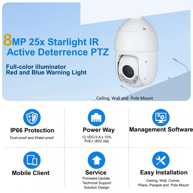 Alt view image 3 of 5 - GemaVision PTZ Camera 4MP 1/2.8" CMOS 25x Starlight Smart Dual Light IP POE PTZ Camera 5 mm125 mm Lens,Support Auto Tracking,Light Warning and Sound Warning, PTZ4M-25X-PV