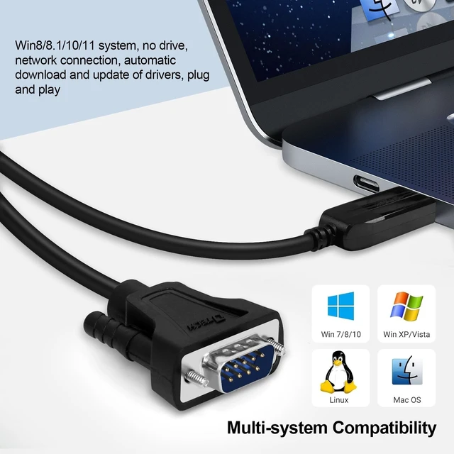 Alt view image 3 of 5 - DTECH USB to Male RS232 Cable 32ft USB to DB9 Serial Port Adapter with LED Indicator Lights, Compatible with Windows 11/10/8/7, Linux, Mac OS, Plug for Printer, CNC, Industrial Equipmen