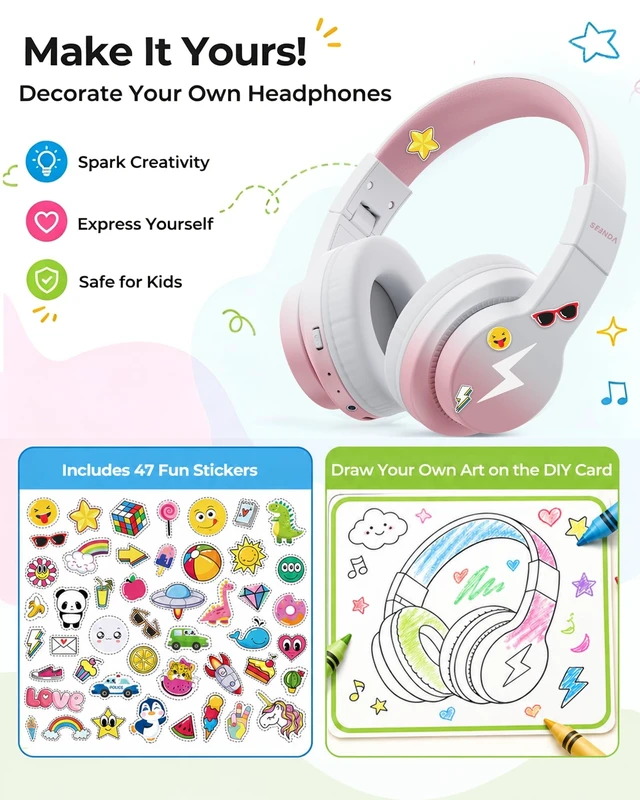 Alt view image 2 of 5 - seenda JCH-01 Kids Bluetooth Headphones, 85/94dB, 3 Light Modes,Pink&White