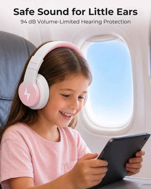 Alt view image 3 of 5 - seenda JCH-01 Kids Bluetooth Headphones, 85/94dB, 3 Light Modes,Pink&White
