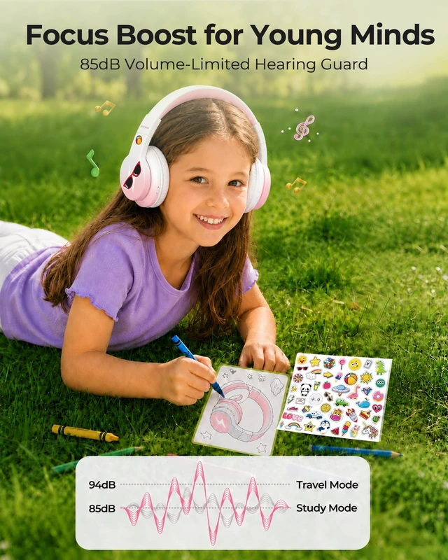 Alt view image 4 of 5 - seenda JCH-01 Kids Bluetooth Headphones, 85/94dB, 3 Light Modes,Pink&White