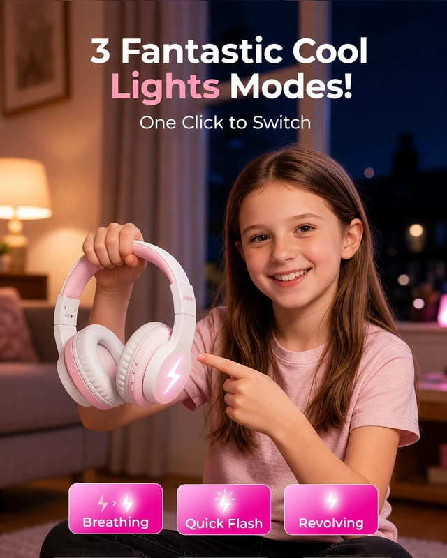 Alt view image 5 of 5 - seenda JCH-01 Kids Bluetooth Headphones, 85/94dB, 3 Light Modes,Pink&White