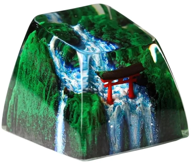 Main image of GIKZO Red Torii Gate Japanese Shrine with Summer Waterfall Artisan Keycap, 1U ESC, R1 SA Profile, Custom Handmade Resin Key Cap for Cherry MX Mechanical Keyboard, Gift for Japan Lover